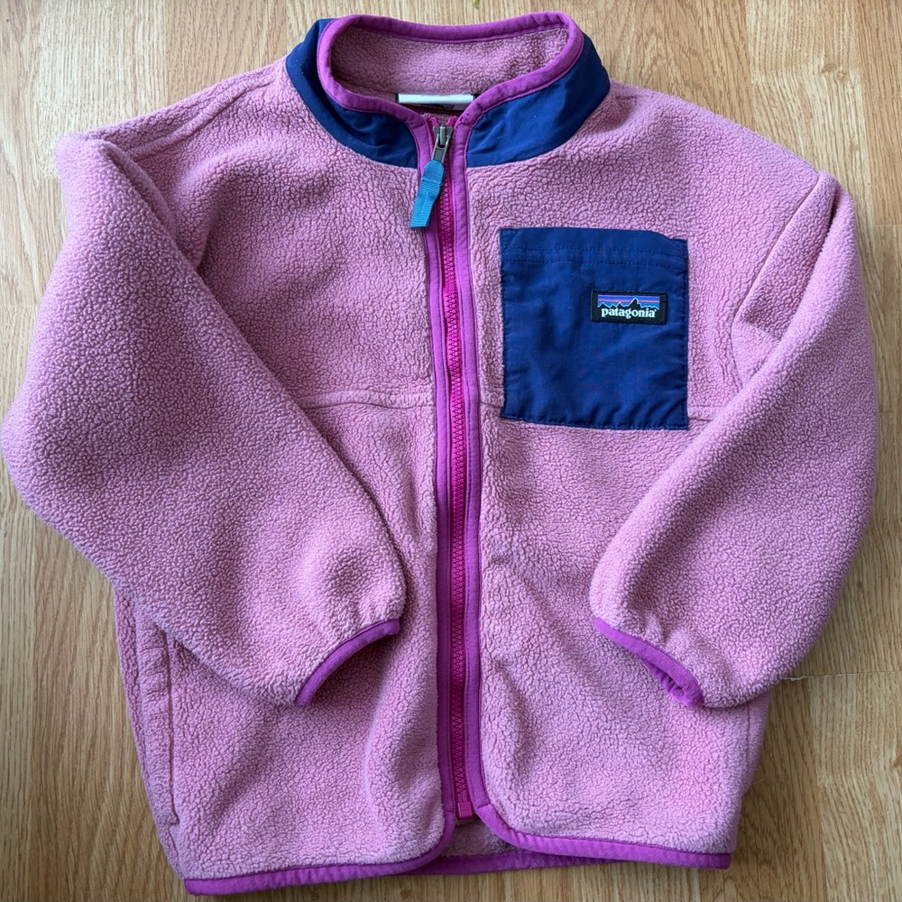 Patagonia Kids Pink Fleece Jacket with Navy Chest Panel